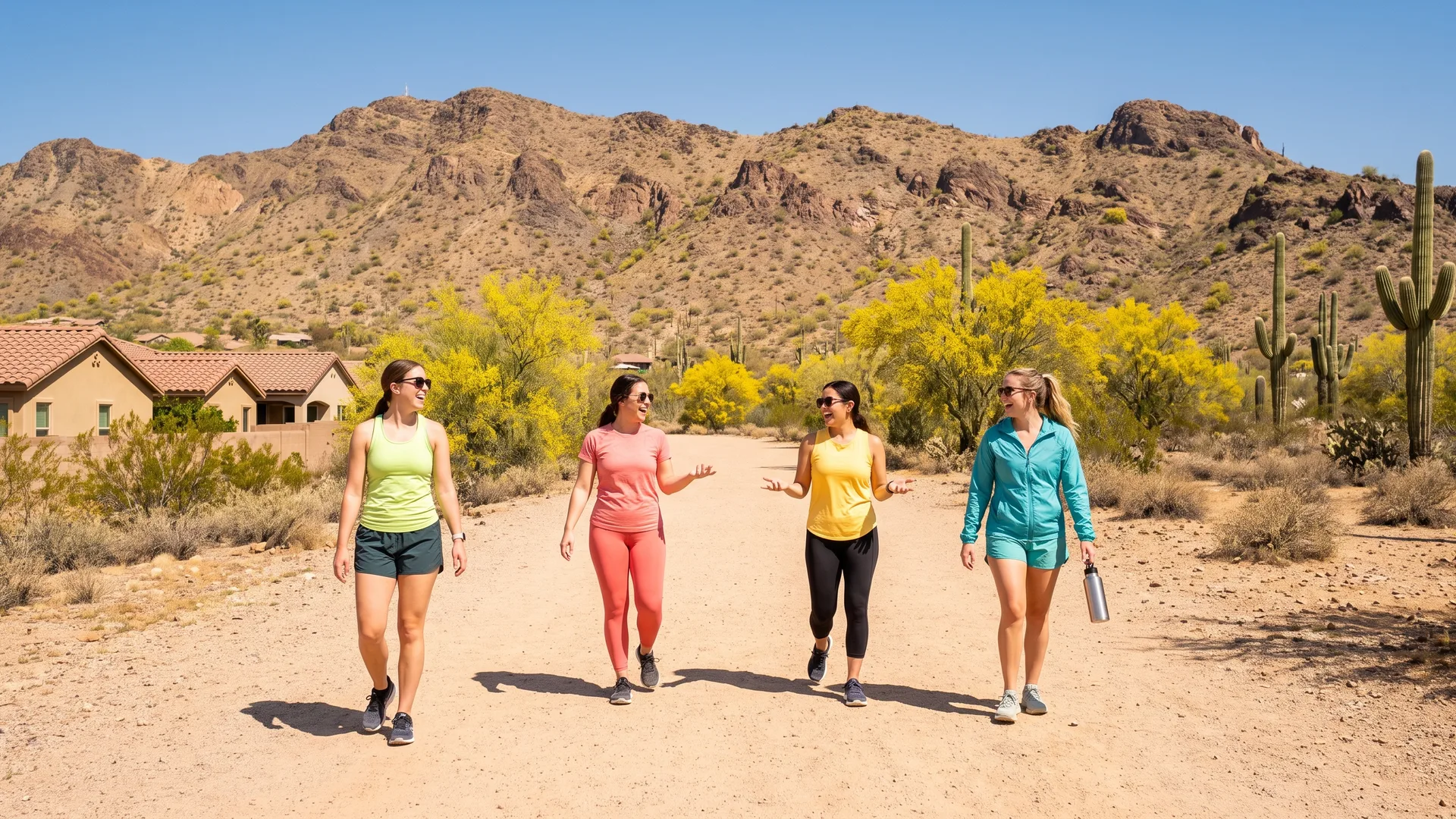 Four friends walking a desert trail in Ahwatukee below the South Mountain ridgeline