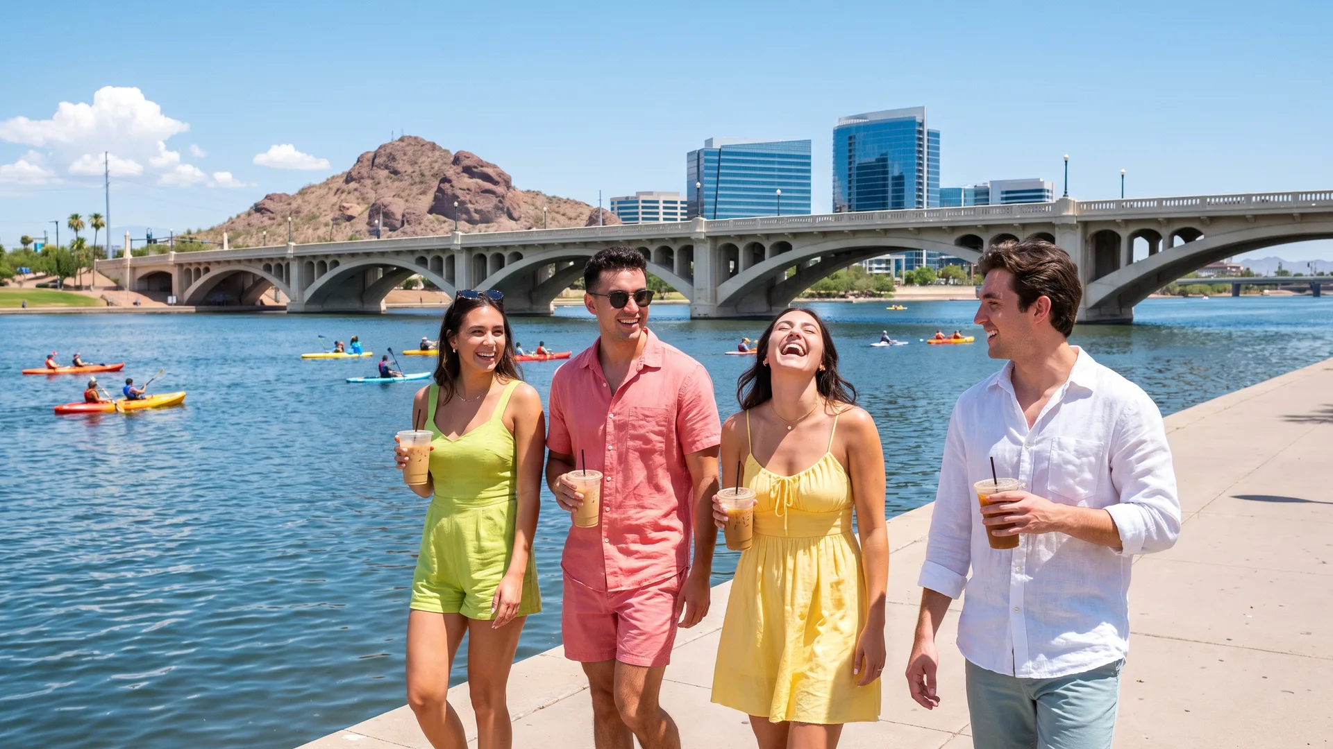 Friends walking the path beside Tempe Town Lake, kayakers on the water and the Mill Avenue bridge behind them