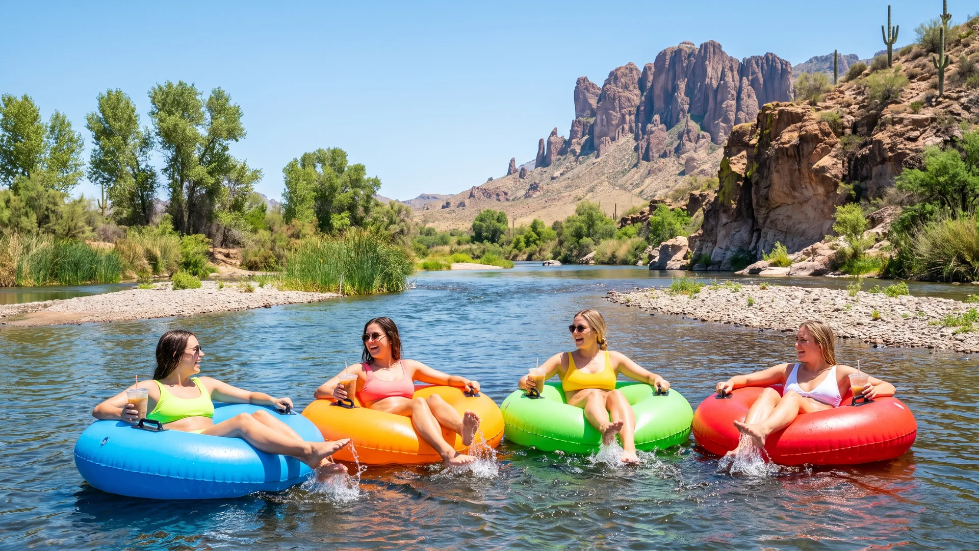 Four friends floating on inner tubes down the Salt River near Mesa, red desert cliffs behind them