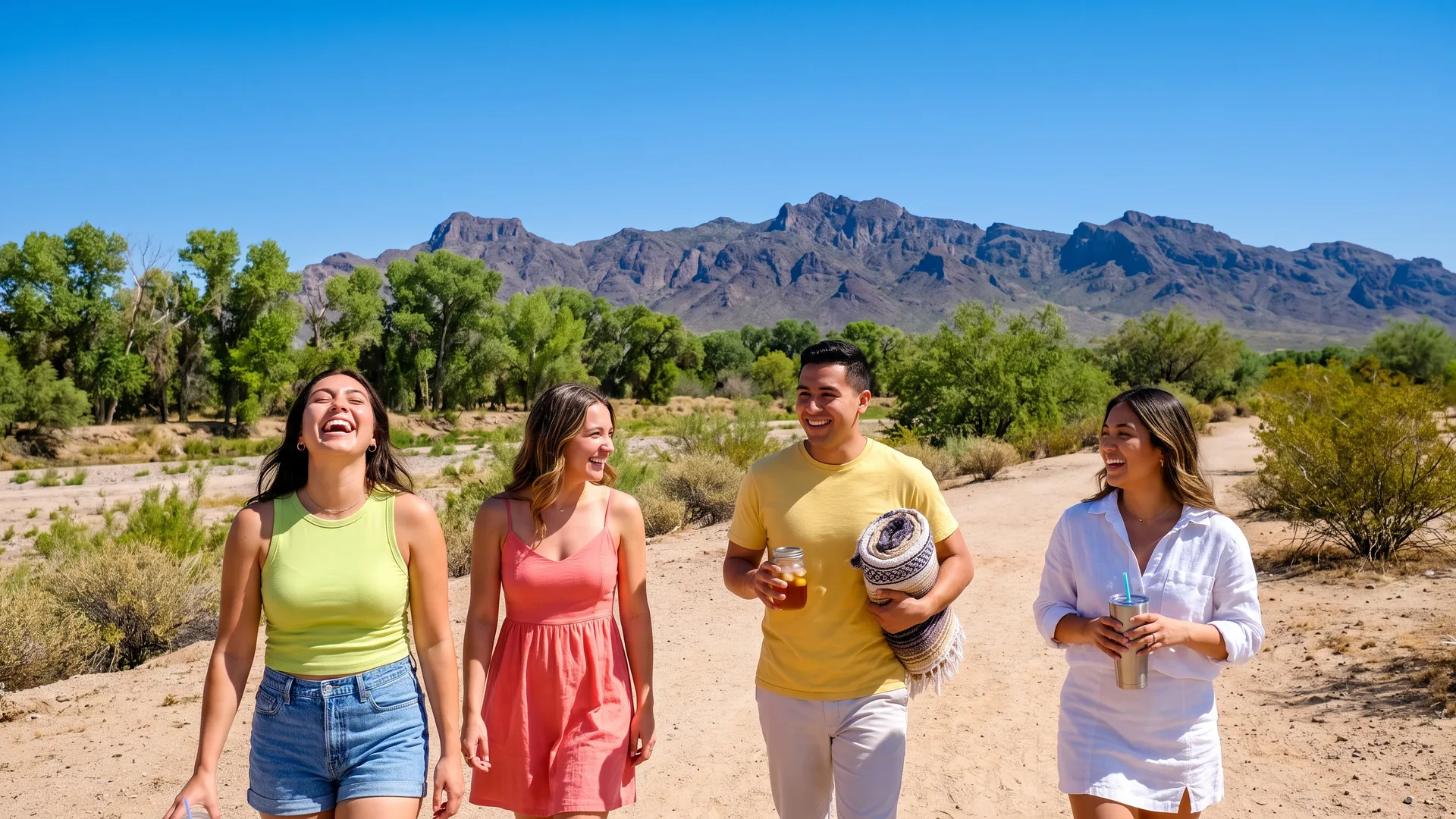 Friends walking a desert path in Avondale with the jagged Estrella Mountains behind them
