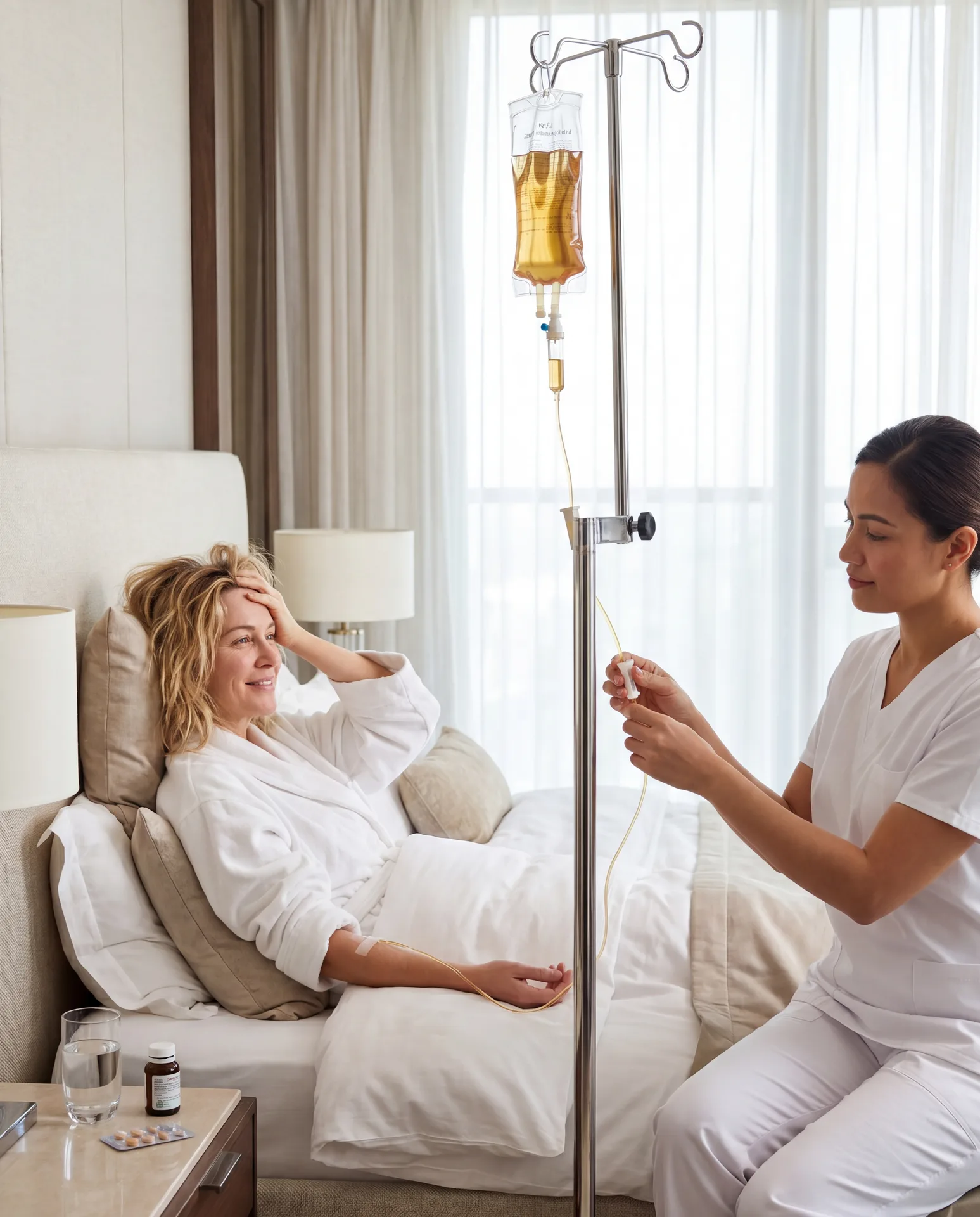 A licensed Pure IV nurse delivering a Hangover Rescue drip at home