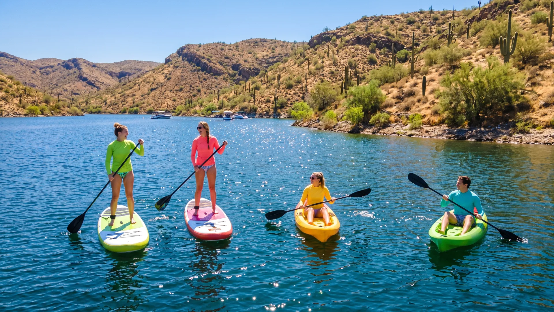 Friends paddleboarding and kayaking on the blue water of Lake Pleasant near Peoria, desert hills all around