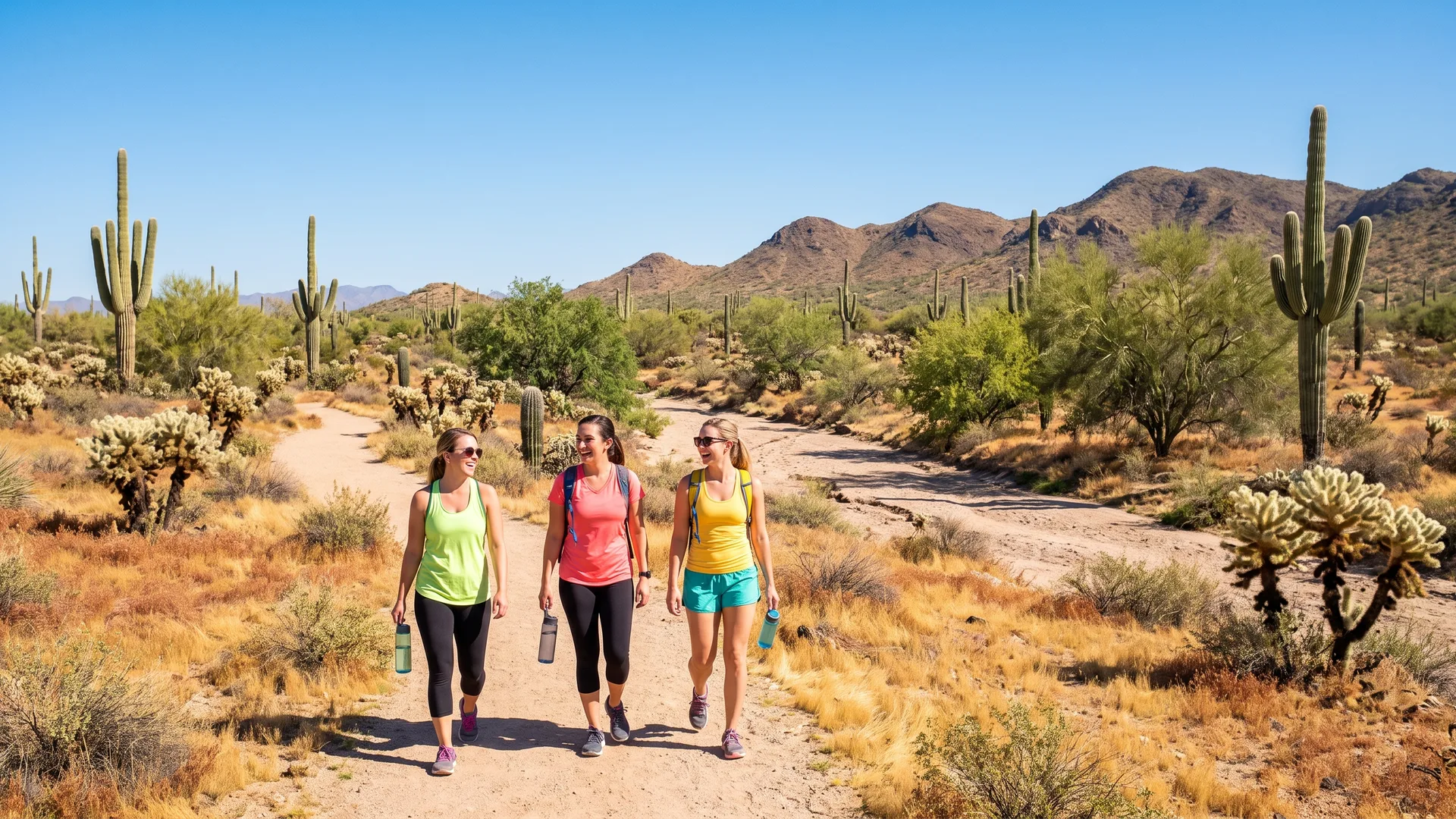 Three friends hiking a desert trail among saguaros in San Tan Valley, the San Tan Mountains behind them