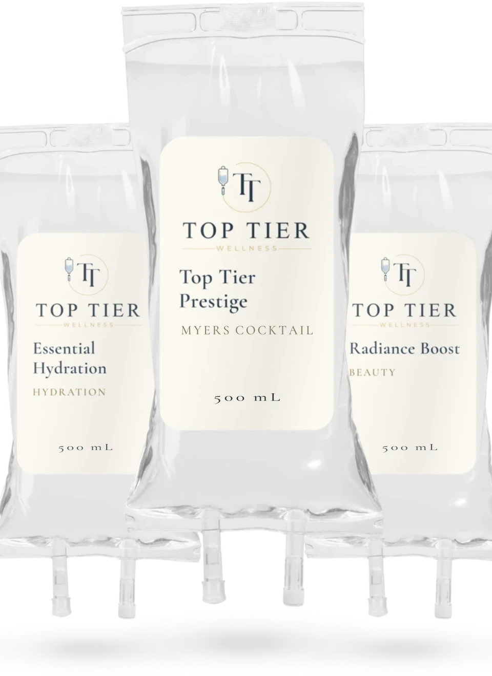Three Top Tier Wellness IV bags: Essential Hydration, Top Tier Prestige and Radiance Boost
