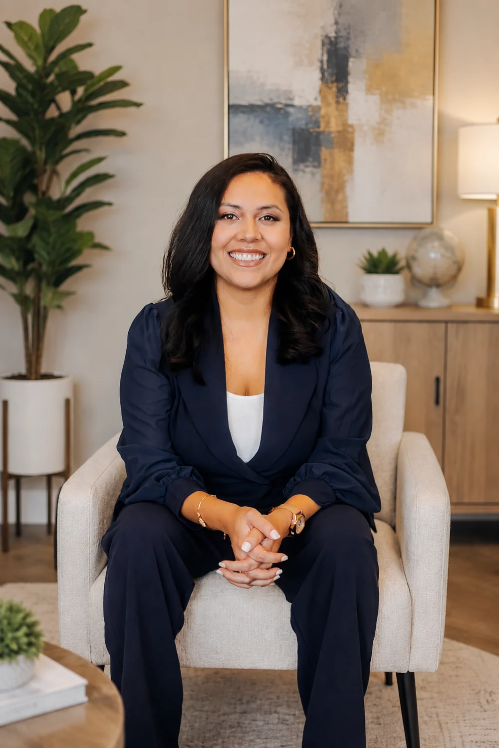 Camila Sandoval, founder of Top Tier Wellness, seated in a cream armchair