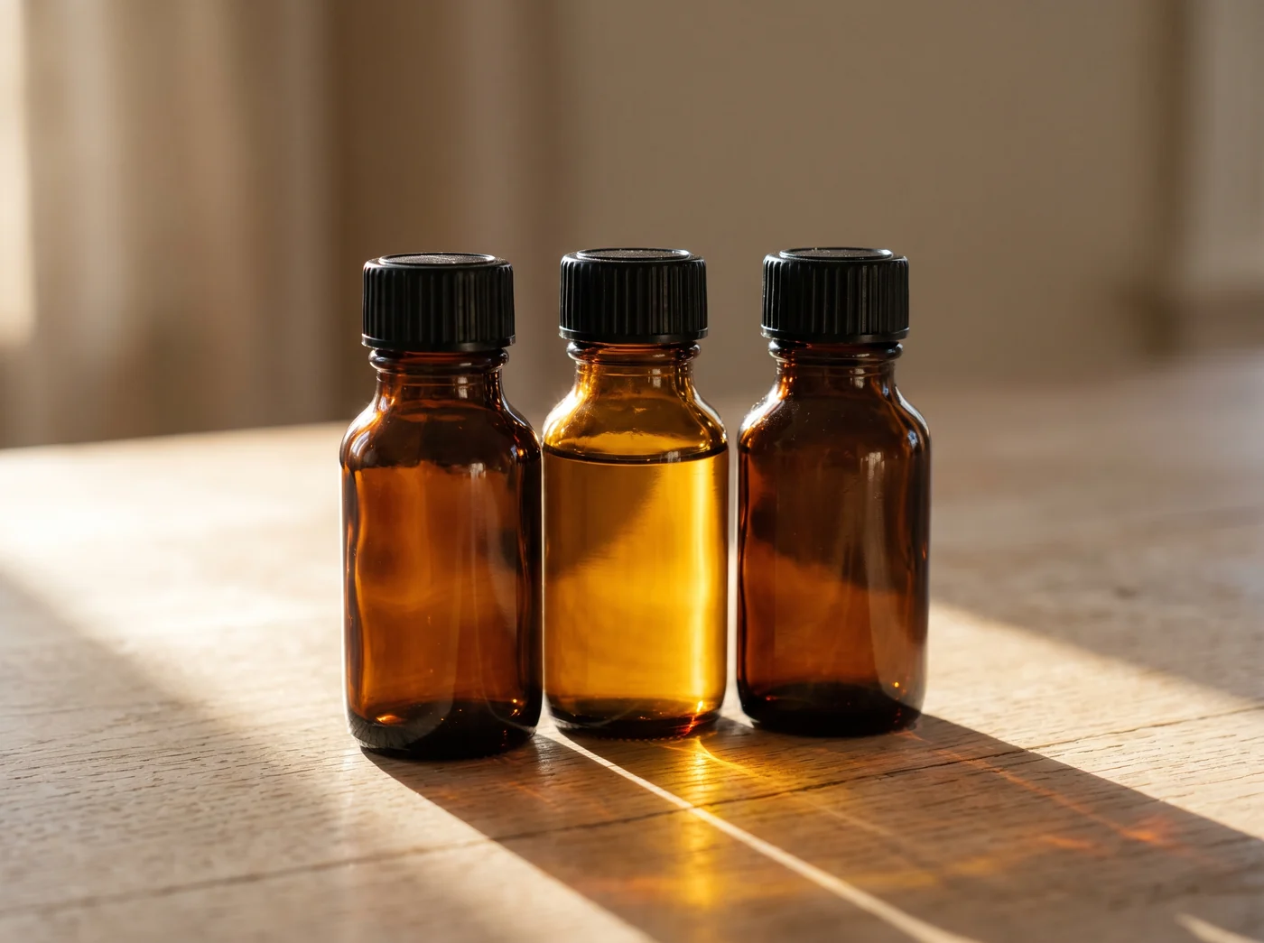 Three amber glass vials on a pale oak table in low afternoon sunlight, the middle one glowing gold